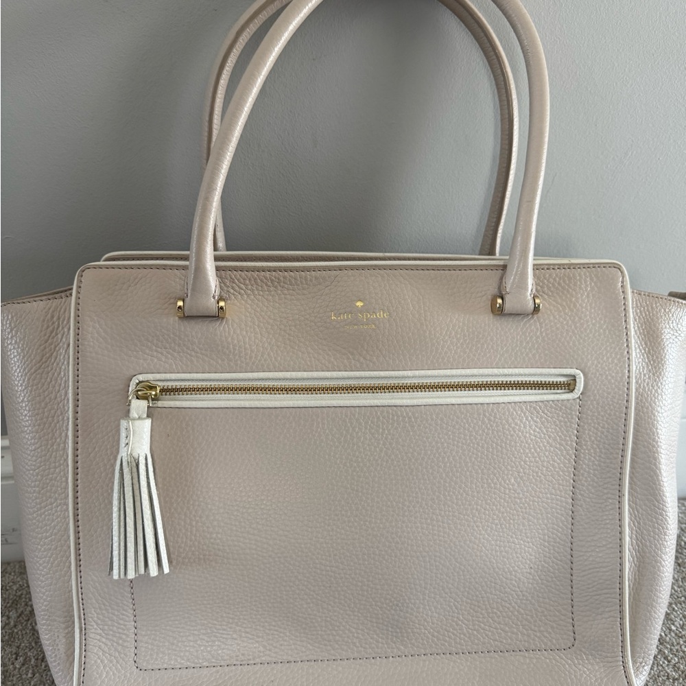 kate spade Cream Pebbled Leather Tote with Tassel